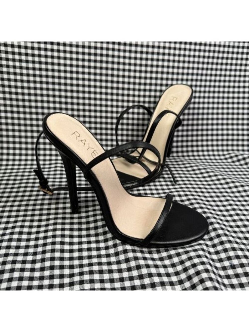 RAYE Black Strappy Heels Revolve Ankle Strap Stiletto Sandals Size 8.5 Womens